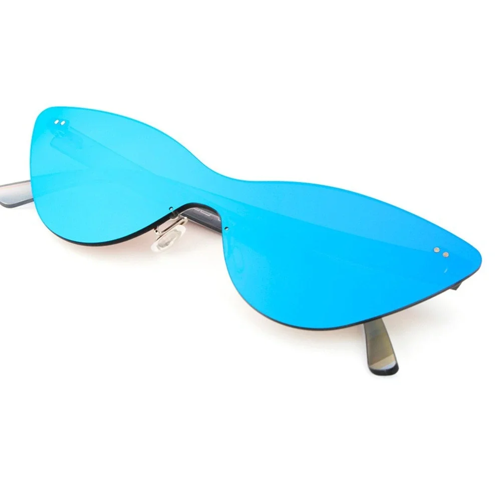 Rimless Sunglasses Blue Mirrored Lens Cat Eye Fashion Trendy Women UV Protection
